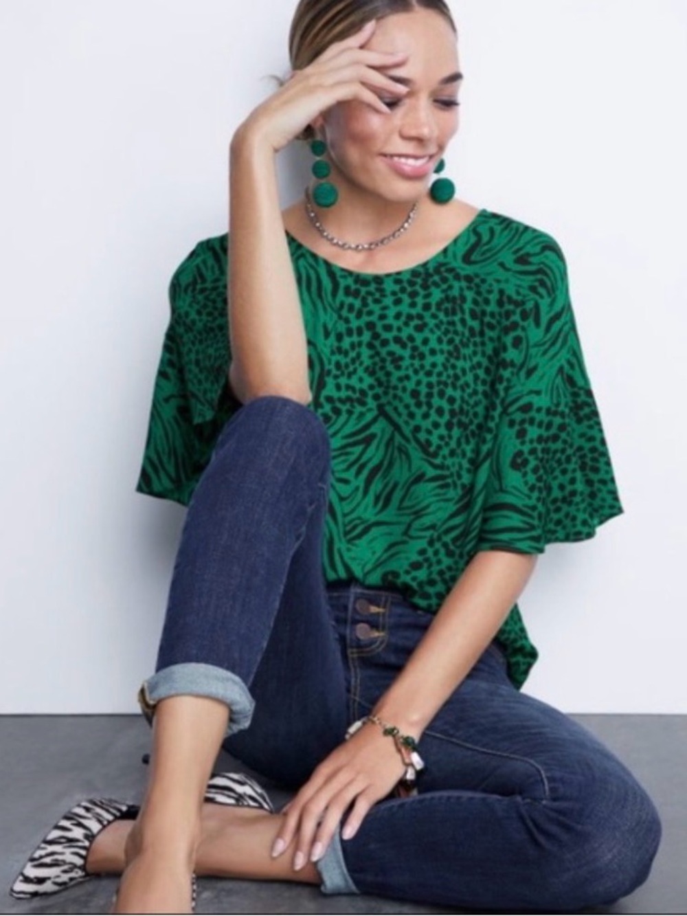 CABI green zebra Purr blouse top XS